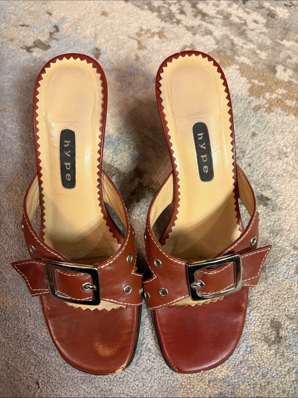 Hype Brown Leather Buckle Slide Heels with Silver Grommets